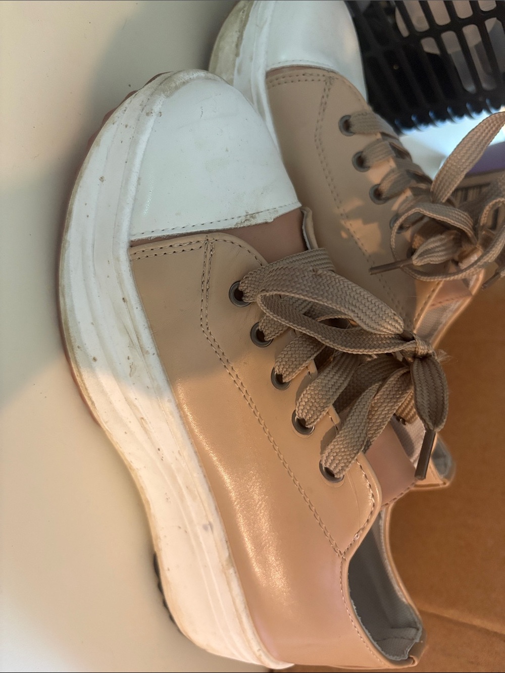 Beige and White Platform Sneakers